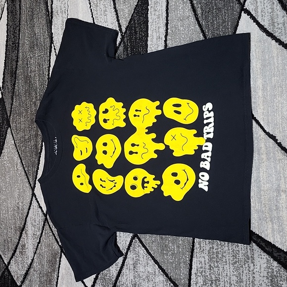 POPULAR POISON NO BAD TRIPS SMILEY DRIP GRAPHIC BLACK CREW-NECK TEE-SHIRT LARGE - Picture 2 of 11